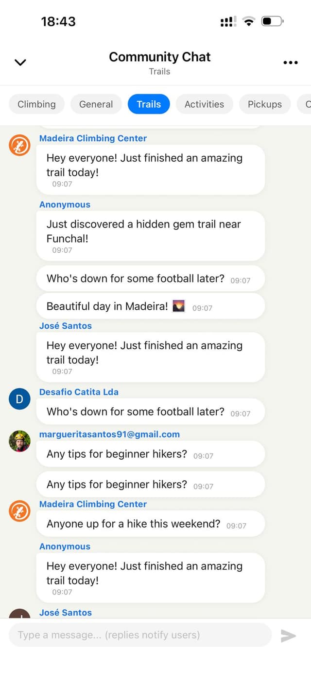 Community Chat — real-time conversations with locals and fellow hikers in Madeira
